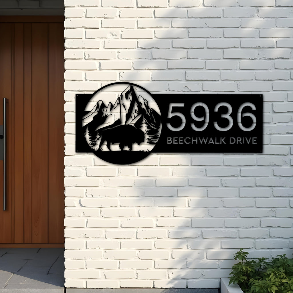 Custom Metal Bison buffalo on mountain Metal Address Sign, House number, Outdoor Number Signage, Yard Sign Address Plate