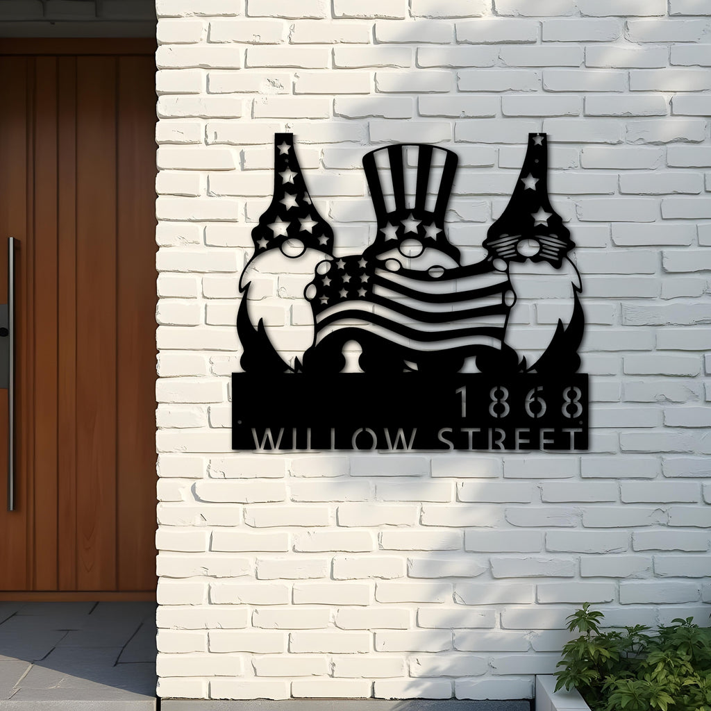 Custom Metal Gnomes 4th of July patriotic Metal Address Sign, House number, Outdoor Number Signage, Yard Sign Address Plate