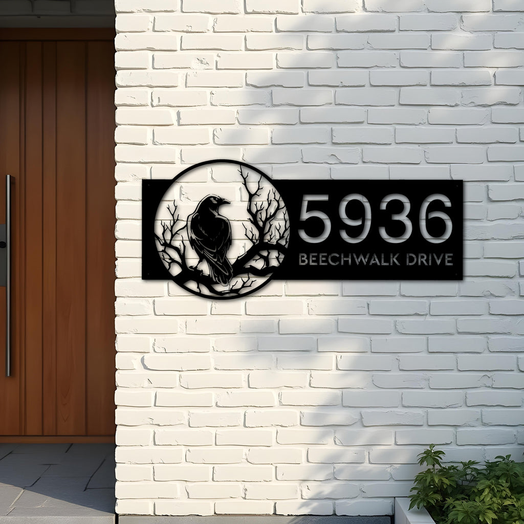 Custom Metal Black crow raven on a tree branch Metal Address Sign, House number, Outdoor Number Signage, Yard Sign Address Plate