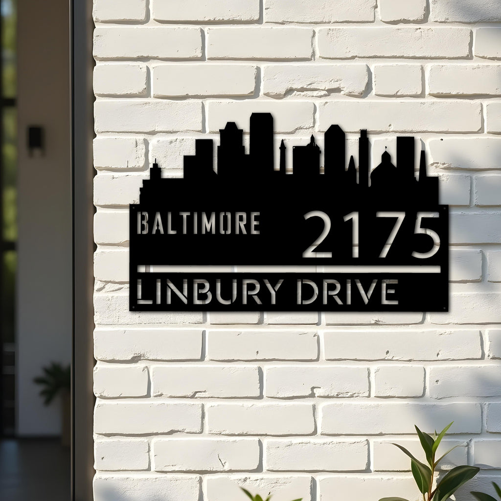 Custom Metal Baltimore city skyline Metal Address Sign Hanging Address Plaque house number Yard Outdoor Sign