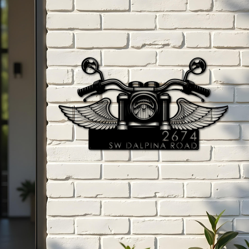 Custom Metal Biker Bike rider Motocycle with wings Metal Address Sign, House number, Outdoor Number Signage, Yard Sign Address Plate