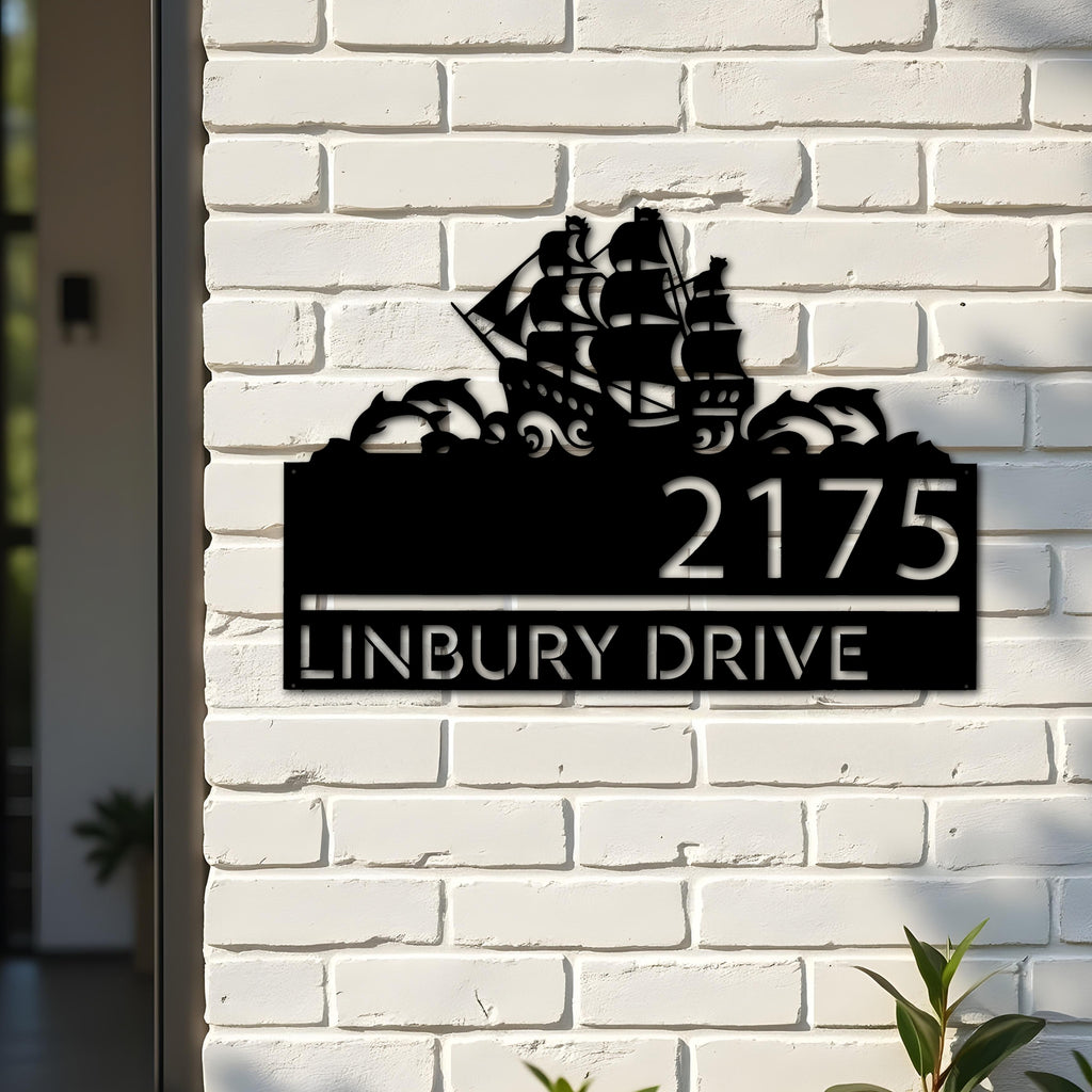 Custom Metal Boat with dolphins Metal Address Sign, House number, Outdoor Number Signage, Yard Sign Address Plate