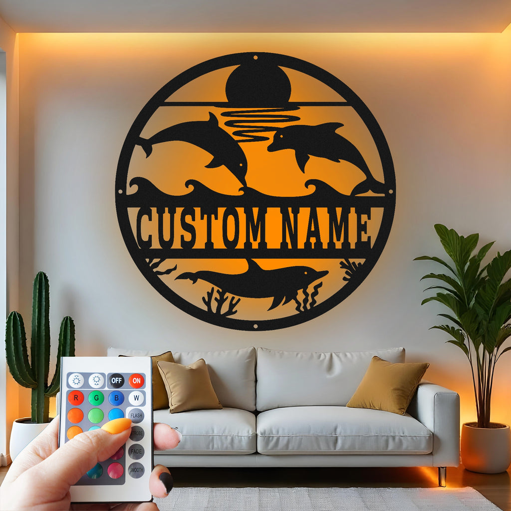 Custom Dolphin Metal Wall Art With Led Light , Personalized Ocean Decor, Beach House Wall Hanging, Gift for Ocean Lovers