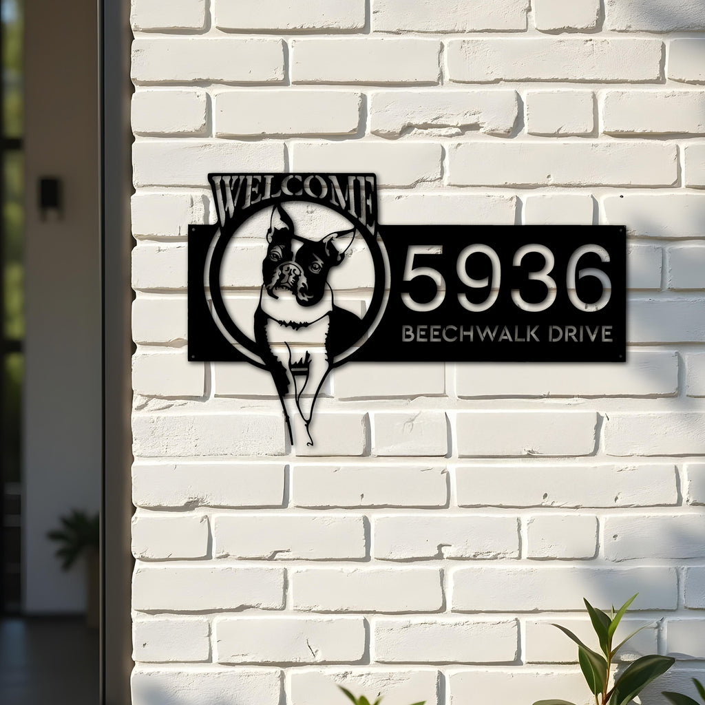 Custom Metal Boston Terrier dog welcome Metal Address Sign, House number, Outdoor Number Signage, Yard Sign Address Plate