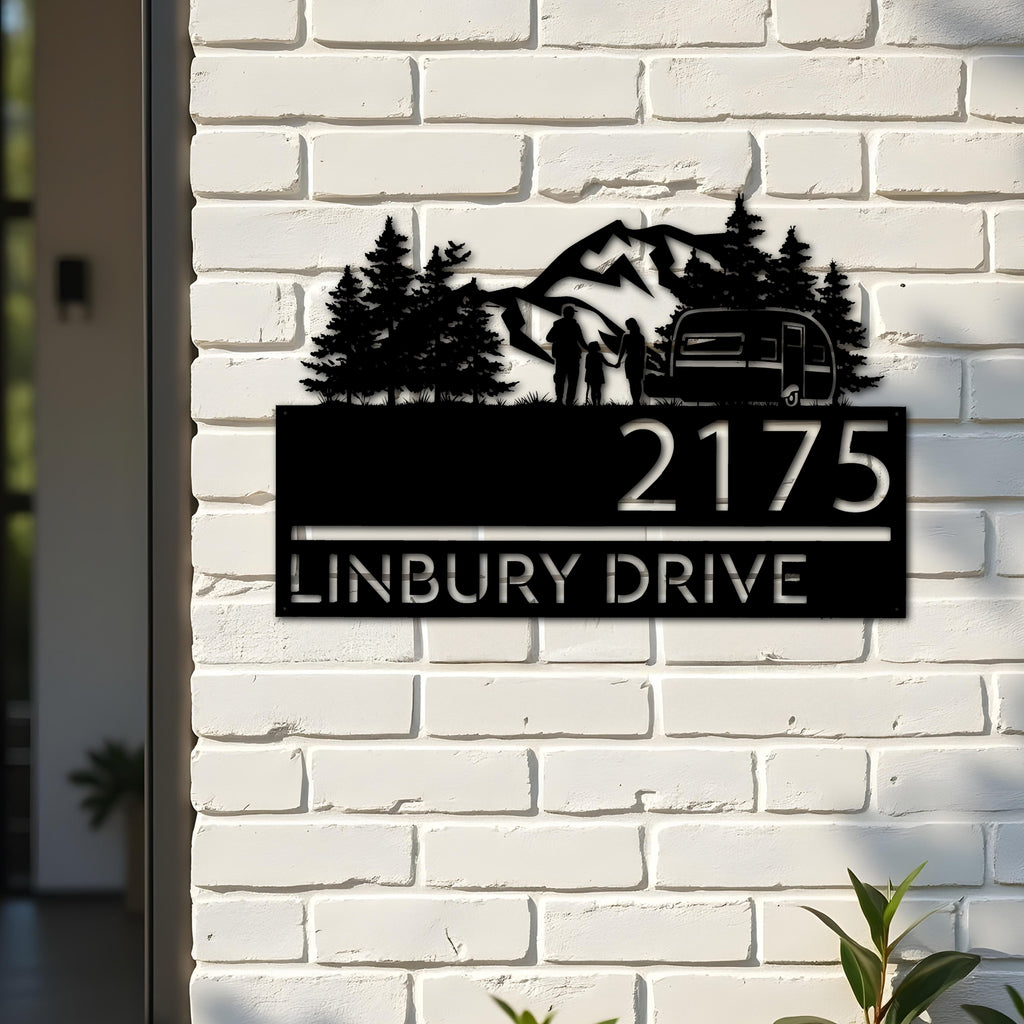 Custom Metal Camping trailer mountain pine tree Metal Address Sign, House number, Outdoor Number Signage, Yard Sign Address Plate