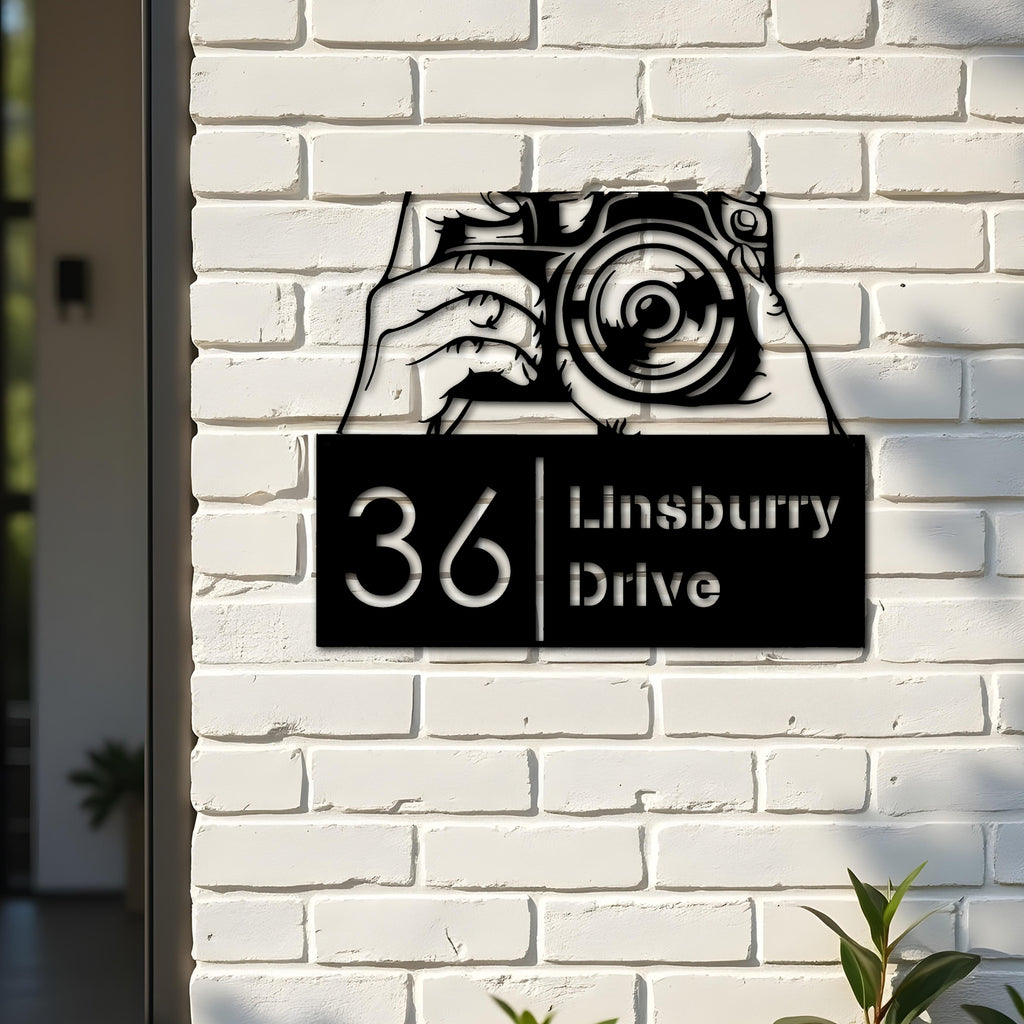 Custom Metal Hands holding camera photography Metal Address Sign, House number, Outdoor Number Signage, Yard Sign Address Plate