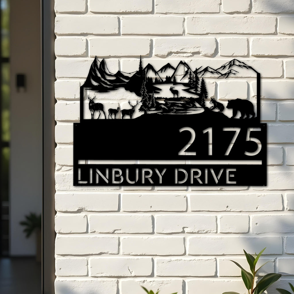 Custom Metal Forest elk deer bear scene Metal Address Sign, House number, Outdoor Number Signage, Yard Sign Address Plate