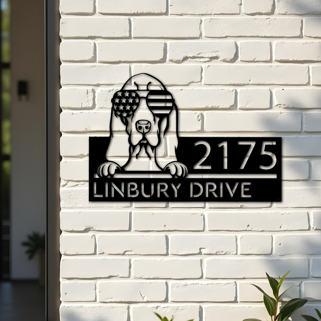 Custom Metal Basset hound dog US flag glasses Metal Address Sign House number Hanging Address Plaque Yard Sign Outdoor decor