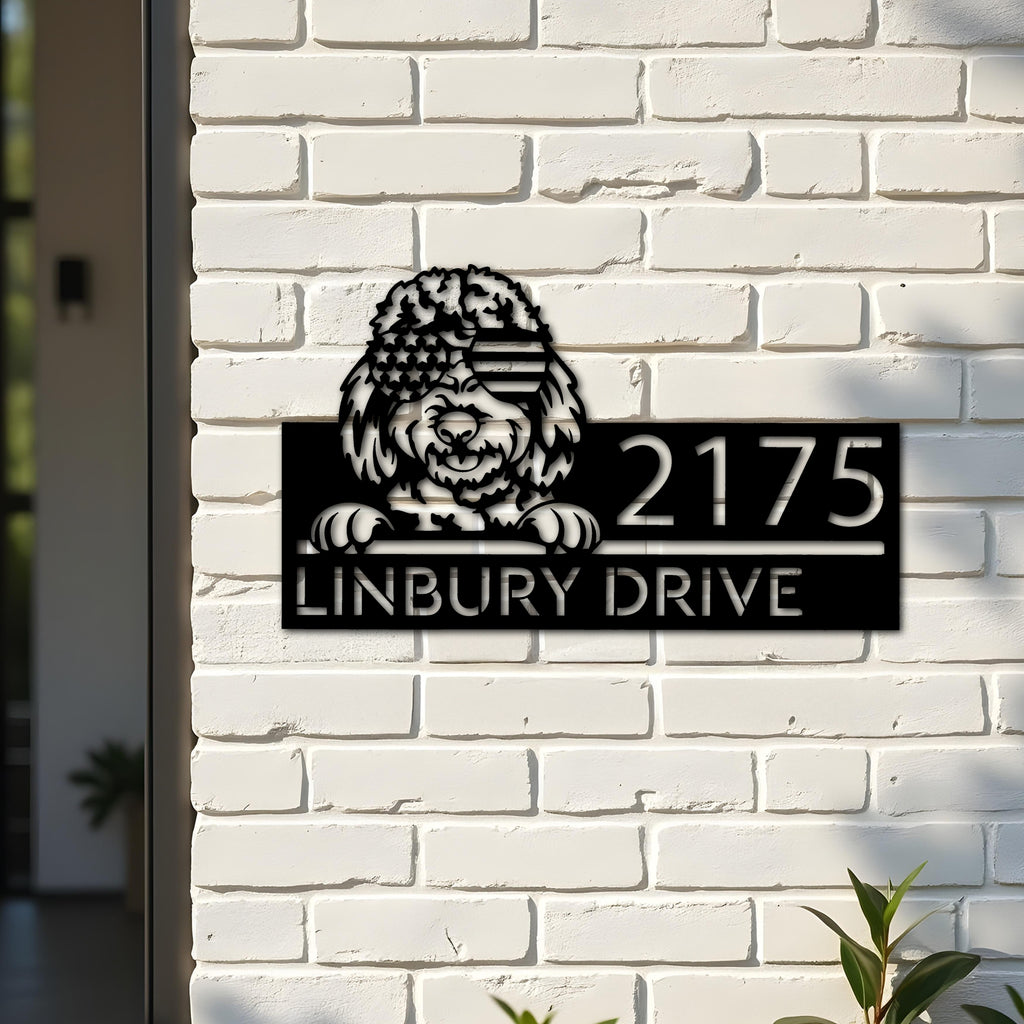 Custom Metal Goldendoodles dog US flag glasses Metal Address Sign House number Hanging Address Plaque Yard Sign Outdoor decor