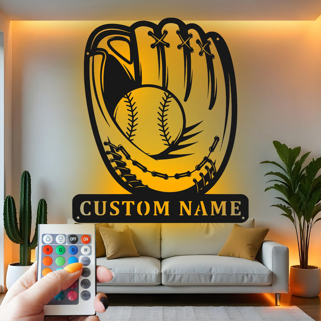 Custom Baseball Glove Metal Wall Art With Led Light , Personalized Sports Decor, Baseball Lover Gift, Boys Room Wall Hanging