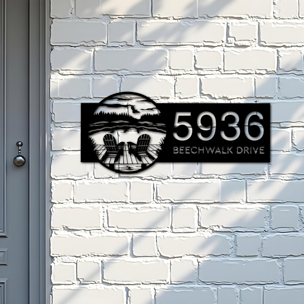 Custom Metal Forest with Chairs Dock on Lake Metal Address Sign Custom House number Hanging Address Plaque Yard Sign Outdoor