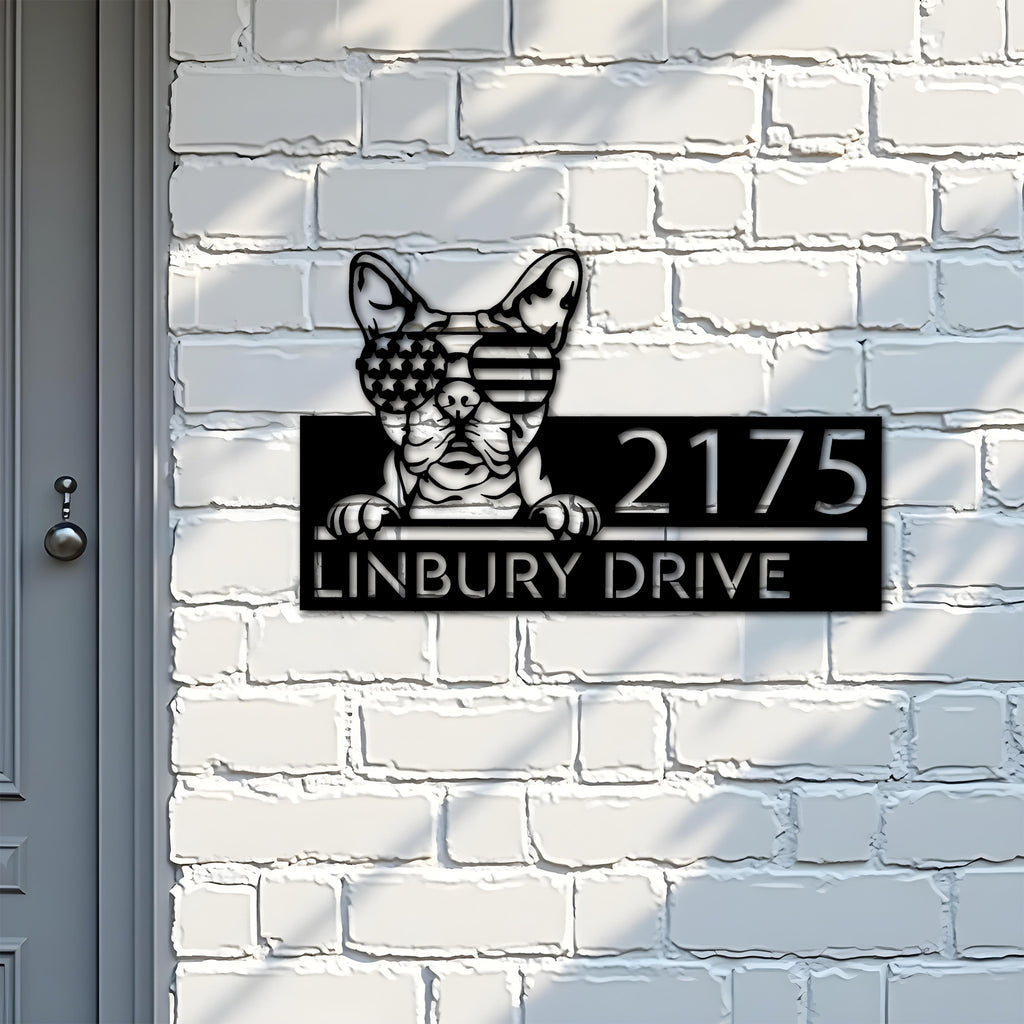 Custom Metal Boston terrier dog US flag glasses Metal Address Sign House number Hanging Address Plaque Yard Sign Outdoor decor