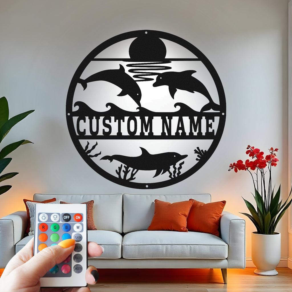 Custom Dolphin Metal Wall Art With Led Light , Personalized Ocean Sea Life Decor, Beach House Coastal Gift Idea