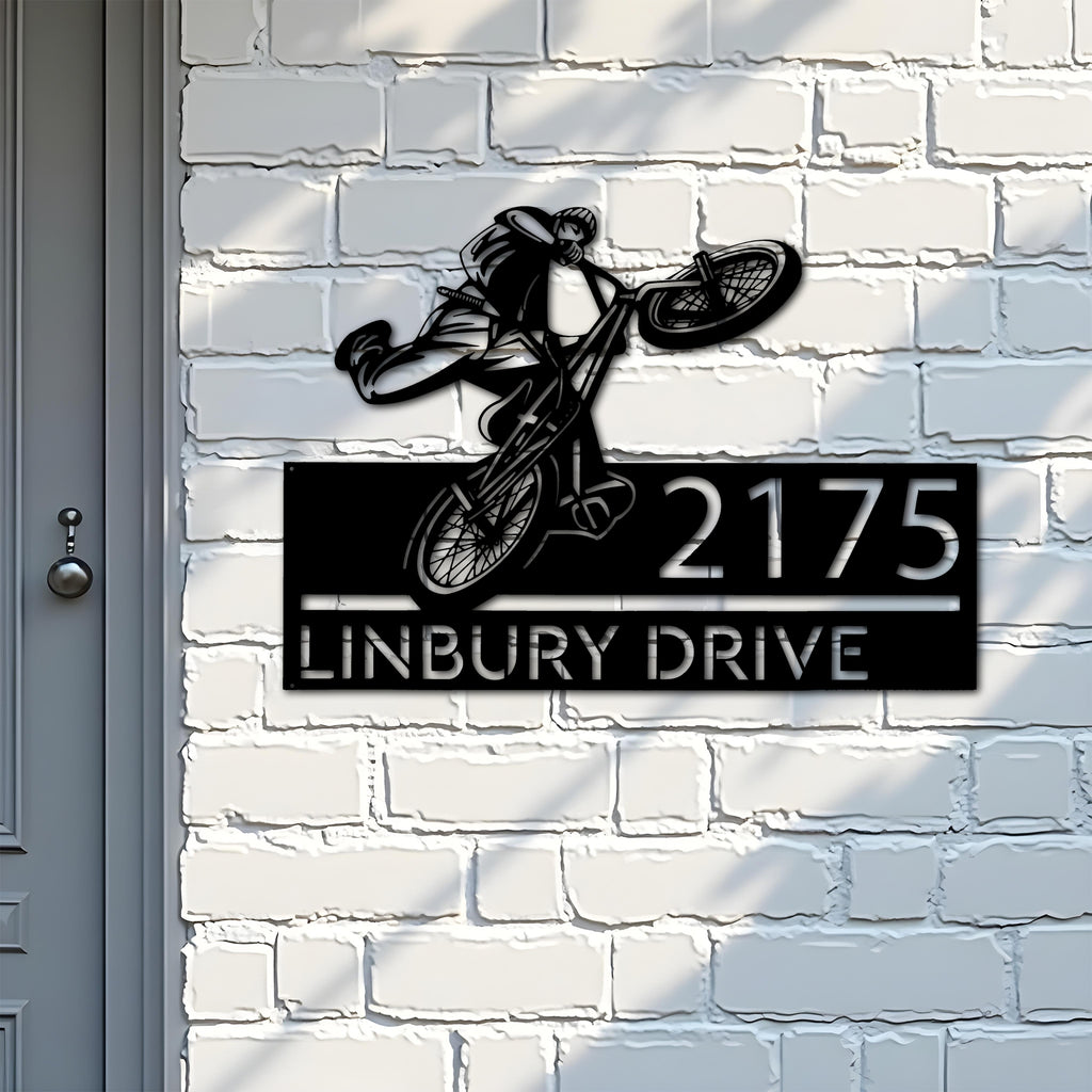 Custom Metal BMX Bicycle freestyle Metal Address Sign, House number, Outdoor Number Signage, Yard Sign Address Plate
