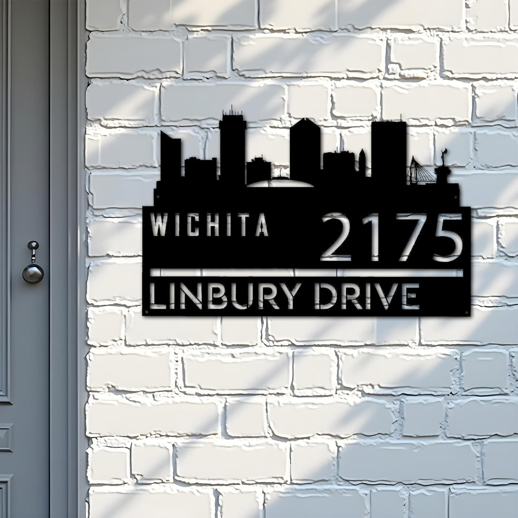 Benutzerdefinierte Metall Wichita Stadt Skyline Metall Adressschild Hängende Adressschild Hausnummer Yard Outdoor Schild
