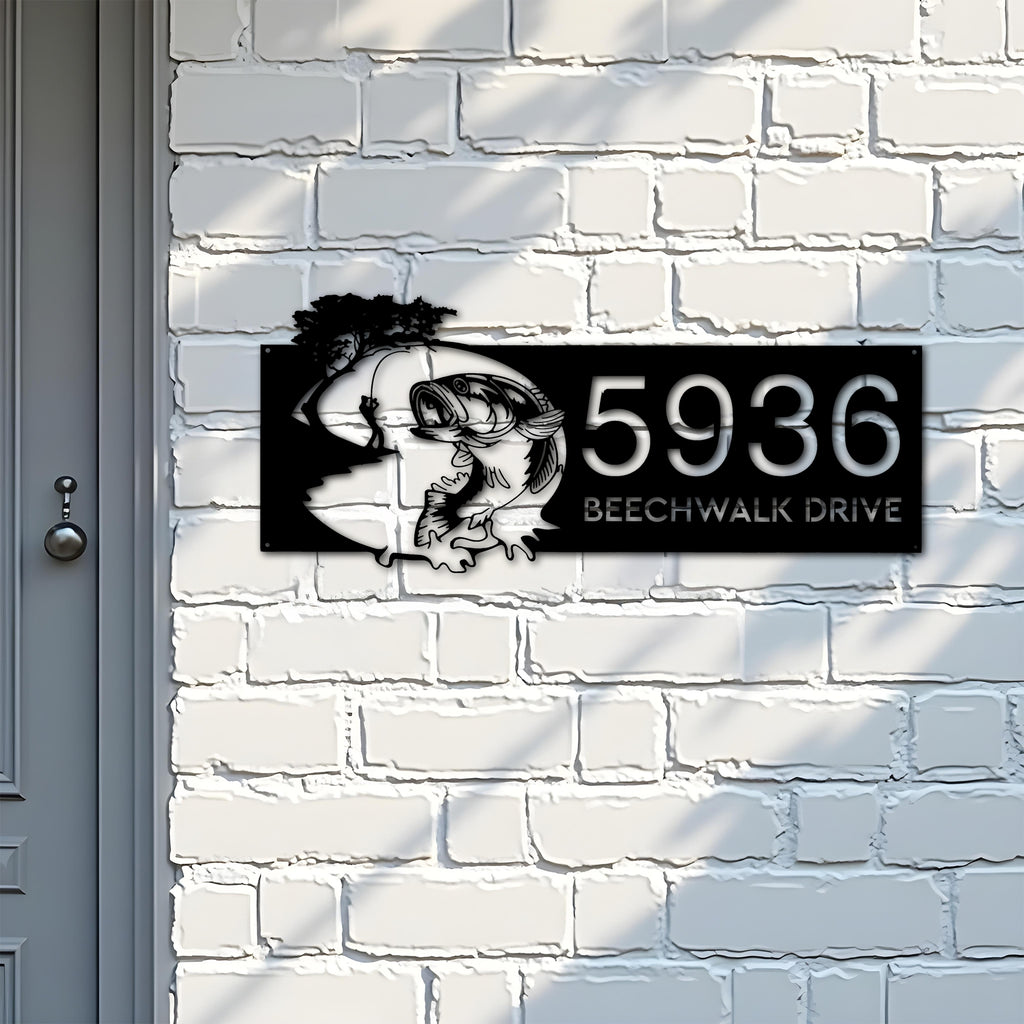 Custom Metal Bass fishing fisherman Metal Address Sign, House number, Outdoor Number Signage, Yard Sign Address Plate001