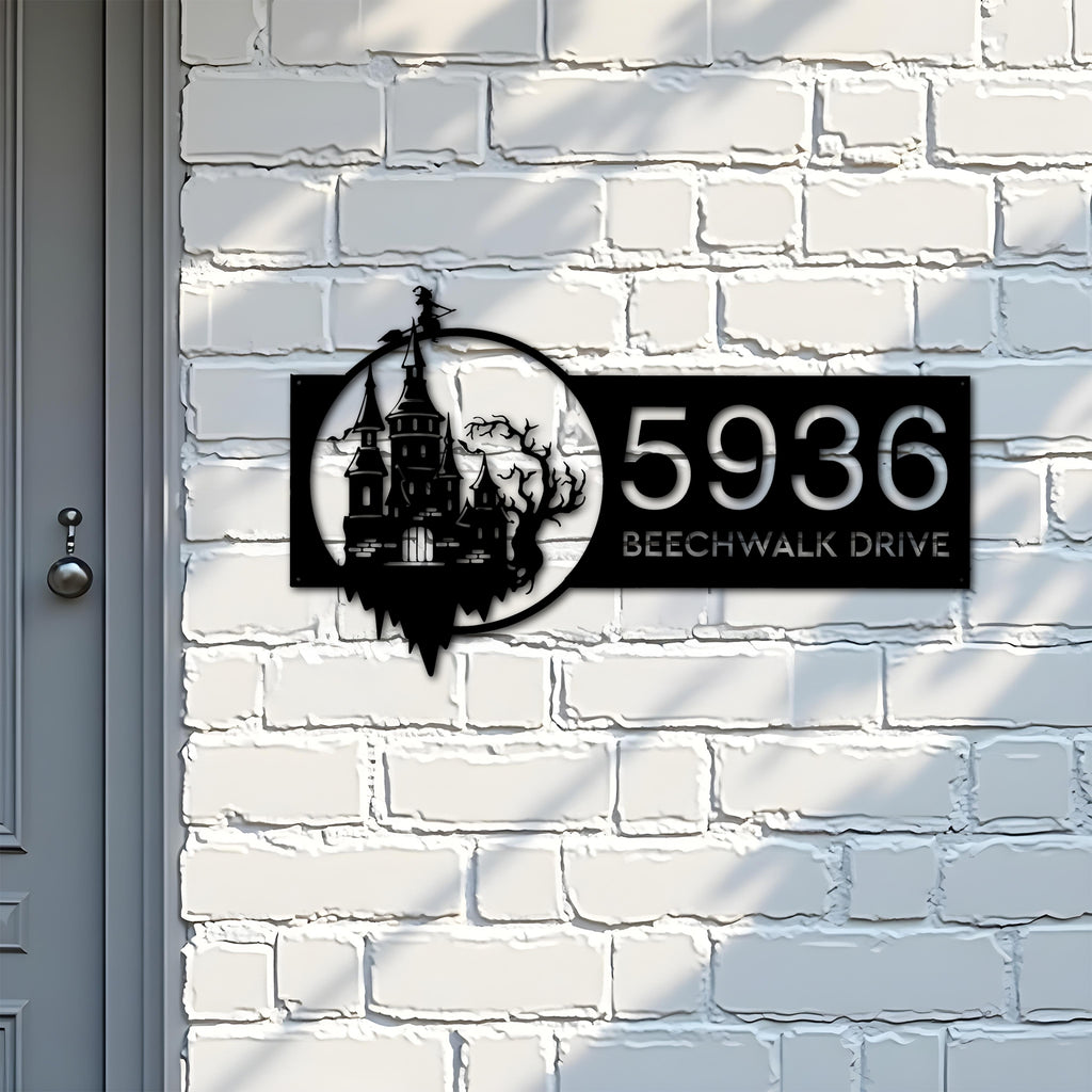 Custom Metal Haunted Castle Flying Witch Halloween Metal Address Sign House number Hanging Address Plaque Yard Sign Outdoor