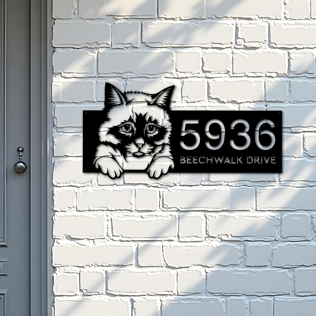 Custom Metal Birman Cute peeking cat kitten Metal Address Sign, House number, Outdoor Number Signage, Yard Sign Address Plate