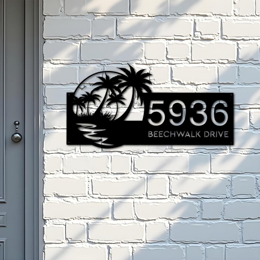 Custom Metal Beach Scene Summer Palm Tree Metal Address Sign, House number, Outdoor Number Signage, Yard Sign Address Plate