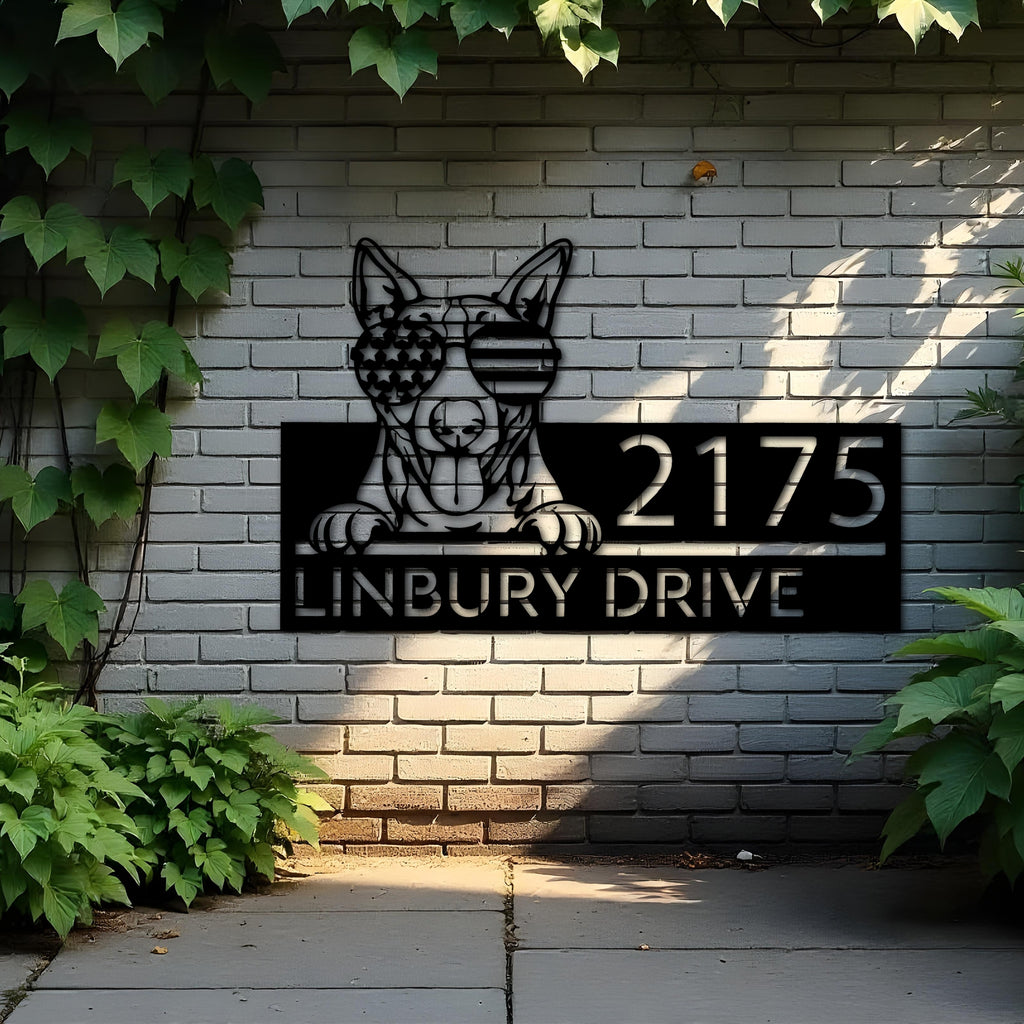 Custom Metal Bull Terrier dog US flag glasses Metal Address Sign House number Hanging Address Plaque Yard Sign Outdoor decor