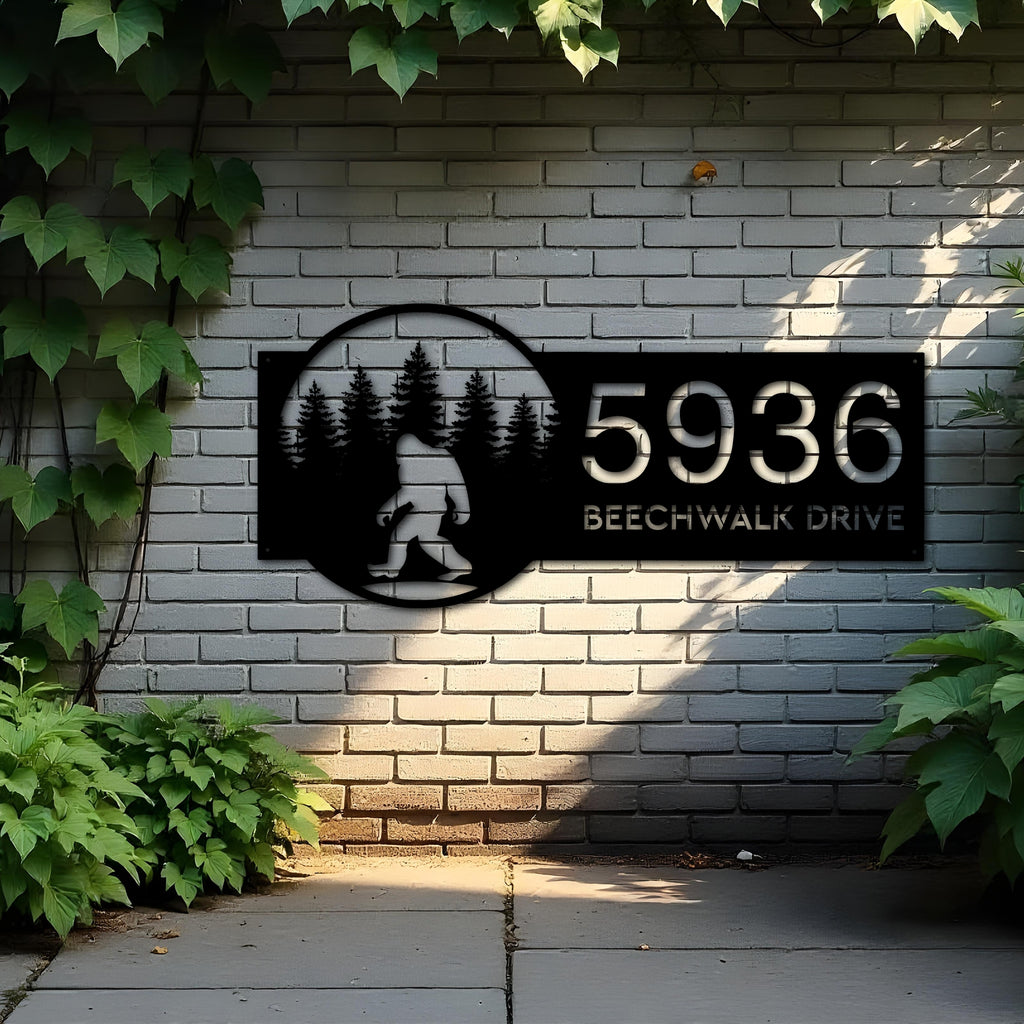 Custom Metal Bigfoot Sasquatch forest Metal Address Sign, House number, Outdoor Number Signage, Yard Sign Address Plate