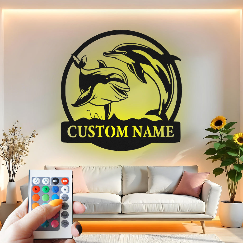 Custom Dolphin Metal Wall Art With Led Light , Personalized Ocean Decor, Sea Life Gift for Beach House, Nautical Home Accent