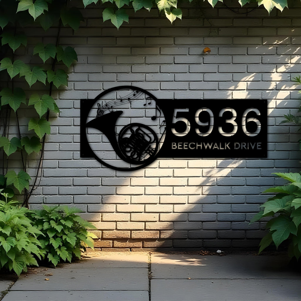 Custom Metal French horn musical instrument Metal Address Sign Custom House number Hanging Address Plaque Yard Sign Outdoor