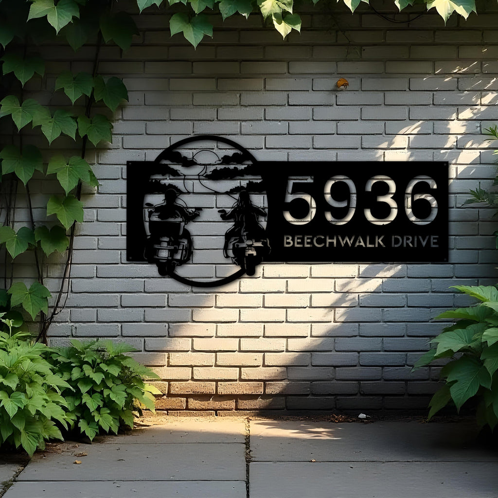 Custom Metal Biker brothers sunset Motocycle rider Metal Address Sign, House number, Outdoor Number Signage, Yard Sign Address Plate