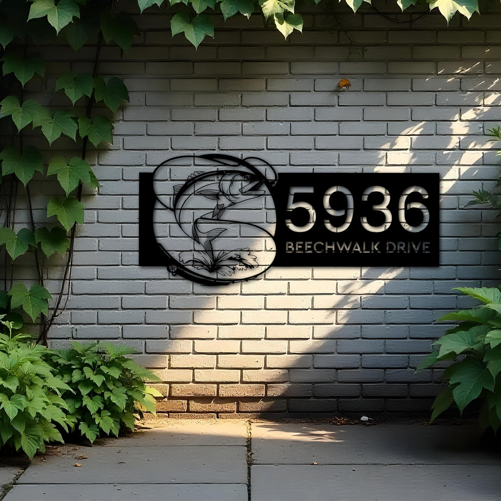 Custom Metal Bluefish fishing rod bait hook Metal Address Sign, House number, Outdoor Number Signage, Yard Sign Address Plate