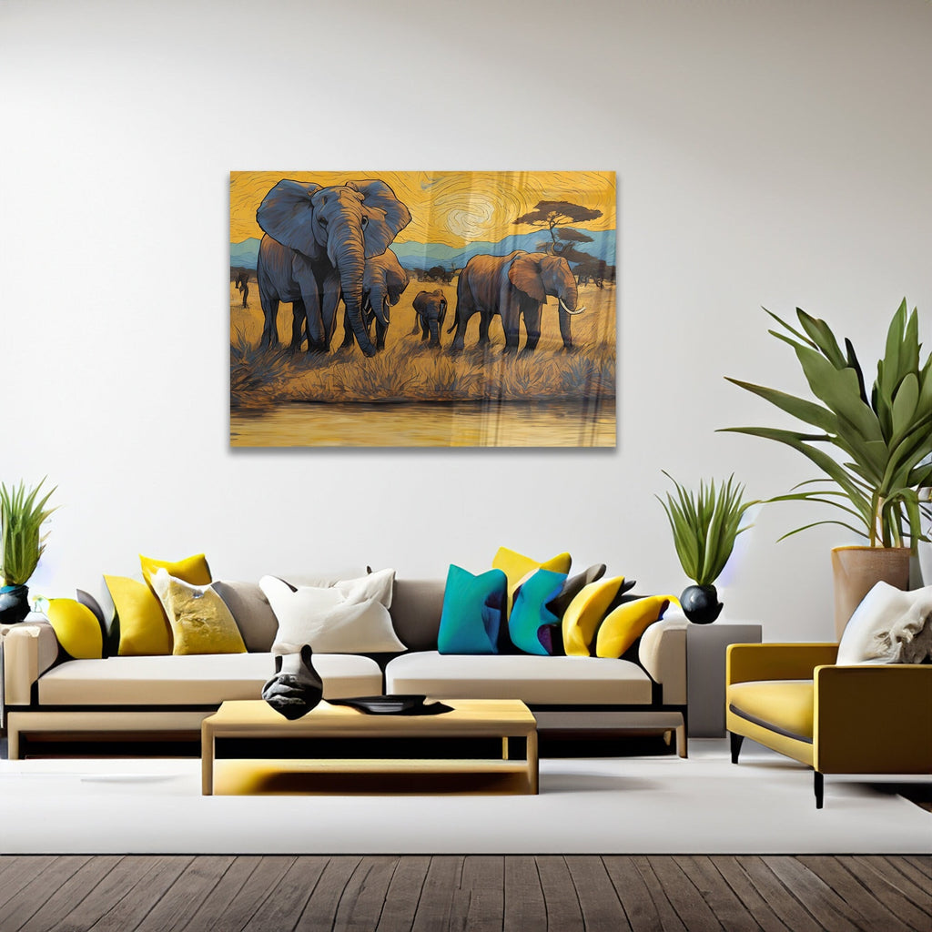 Elephants oil painting africa wild life Glass Wall Decor, Wall Art Glass, Wall Decor Glass, Wall Decor Interior, Home Decor, Wall Decorative