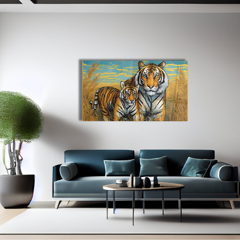 Tiger Family Father And Son Oil Painting africa wild life Glass Wall Decor, Wall Art Glass, Wall Decor Glass Wall Decor Interior, Home Decor