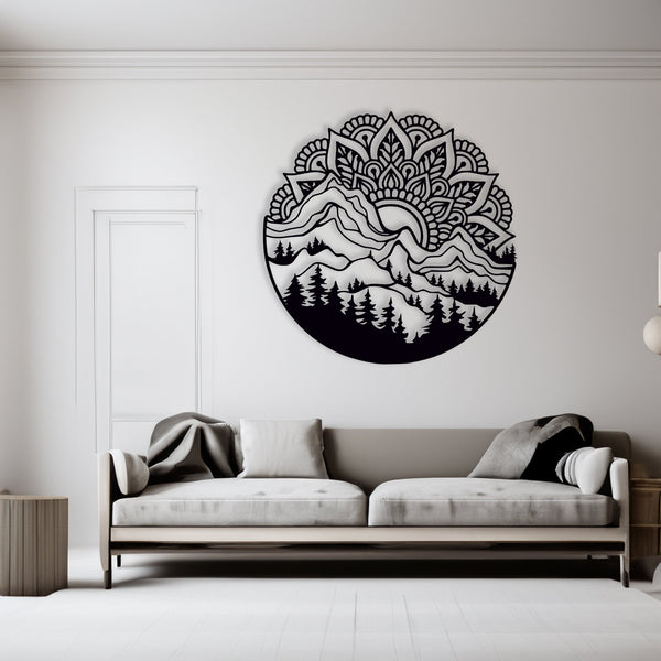Mountain Mandala N Lotus Silhouette Metal Wall Decor, Wall Decor Interior, Housewarming Gifts, Metal Decor, Wall Decorative
