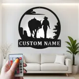 Insegna in metallo LED personalizzata con cowboy e cavallo - Regalo western per lui, decorazione rustica per ranch