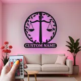 Panneau balance de la justice pour avocat | Décoration murale en métal LED personnalisée | Décor sur mesure pour cabinet d’avocat | Cadeau pour avocat