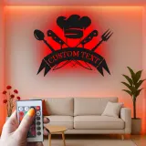 Décoration murale en métal personnalisée Chapeau de Chef et Ustensiles avec rétroéclairage LED