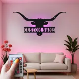 Décoration murale en métal personnalisée avec longhorn et rétroéclairage LED - Cadeau ranch, décoration western pour salon ou man cave