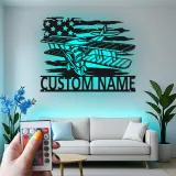 Décoration murale en métal personnalisée avec rétroéclairage - Drapeau américain - Cadeau pour pilote, hangar ou bureau