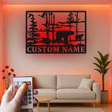 Custom Bear Forest Scene Led Light Metal Wall Art Personalized Wildlife Gift Cabin Decor for Nature Lovers