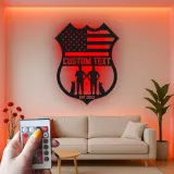 Police Officer & K9 Unit LED Sign | Personalized Law Enforcement Metal Art | Custom American Flag Shield | Police Officer Gift
