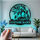 Décoration murale en métal personnalisée avec lumière LED de loup et forêt
