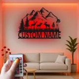 Custom Moose Mountain Metal Sign | LED Rustic Wildlife Wall Art | Personalized Cabin Decor Gift for Nature Lovers