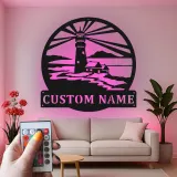 Cartel de metal LED personalizado de faro, regalo costero, decoración náutica para casa de playa 1