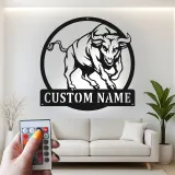 Insegna in metallo LED personalizzata con toro - Regalo per lui, decorazione per man cave o ufficio