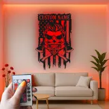Insegna Personalizzata per Vigile del Fuoco | Arte in Metallo Teschio LED con Bandiera Americana | Regalo con Nome Personalizzato per Vigile del Fuoco | Decorazione Parete Man Cave e Garage