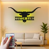 Décoration murale en métal personnalisée avec longhorn et rétroéclairage LED - Cadeau ranch, décoration western pour salon ou man cave