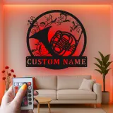 French Horn Metal Wall Art | Personalized LED Sign for Music Room | Custom Musician Name Plaque | Studio Decor Gift