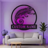 Cartel de metal personalizado con luz LED de camaleón, regalo personalizado para amantes de reptiles, decoración para salón u oficina