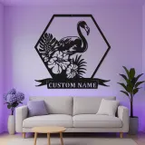 Panneau LED Flamant Rose | Art mural en métal personnalisé | Décor de maison de plage et de salon | Plaque de nom tropical personnalisée