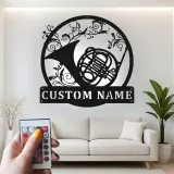 French Horn Metal Wall Art | Personalized LED Sign for Music Room | Custom Musician Name Plaque | Studio Decor Gift