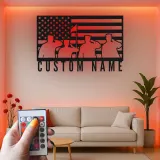 Patriotic American Flag Metal Sign | Custom Veteran Name Wall Art | LED Backlit Military Silhouette Decor